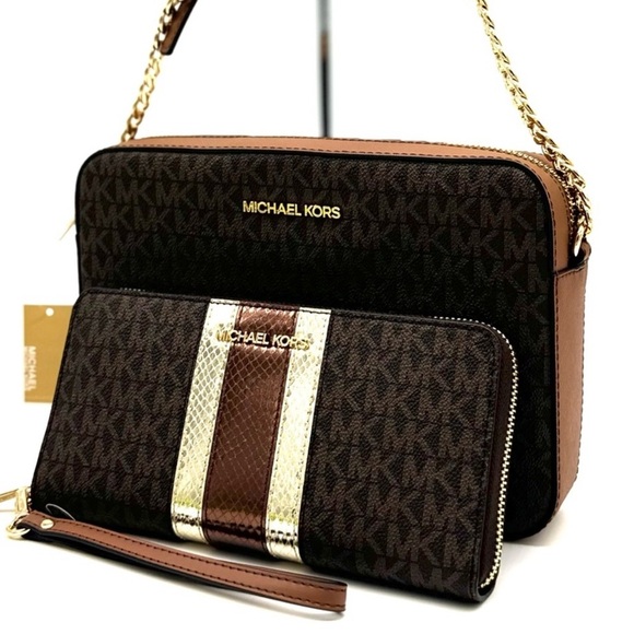 Michael Kors Large EW Zip Chain Xbody Crossbody Bag & Continental Wallet Brown - Picture 1 of 13